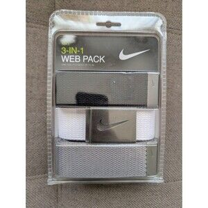 NIKE MENS WEB BELT 3 IN 1 PACK WHITE/GREY/BLACK W/ MATT BLACK HARDWARE NEW